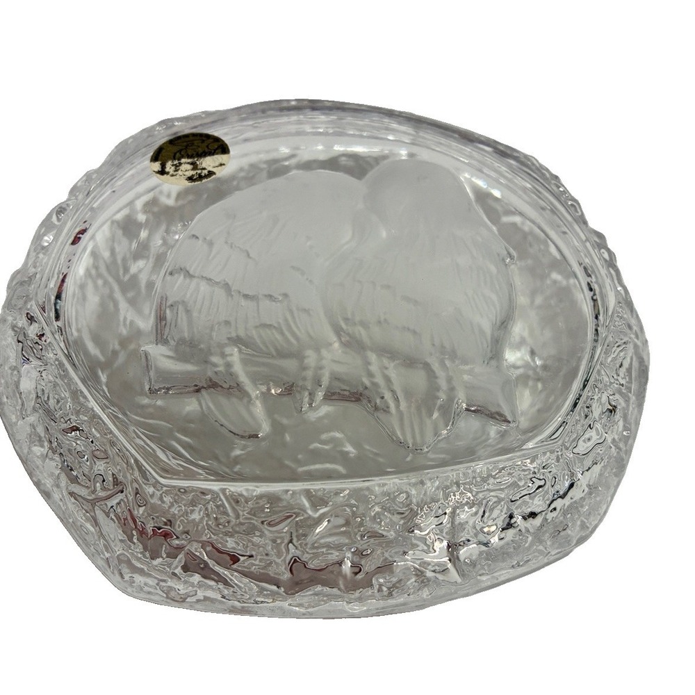VTG Crystal Covered Trinket Dish Etched Love Birds Textured Glass 5" Collectible